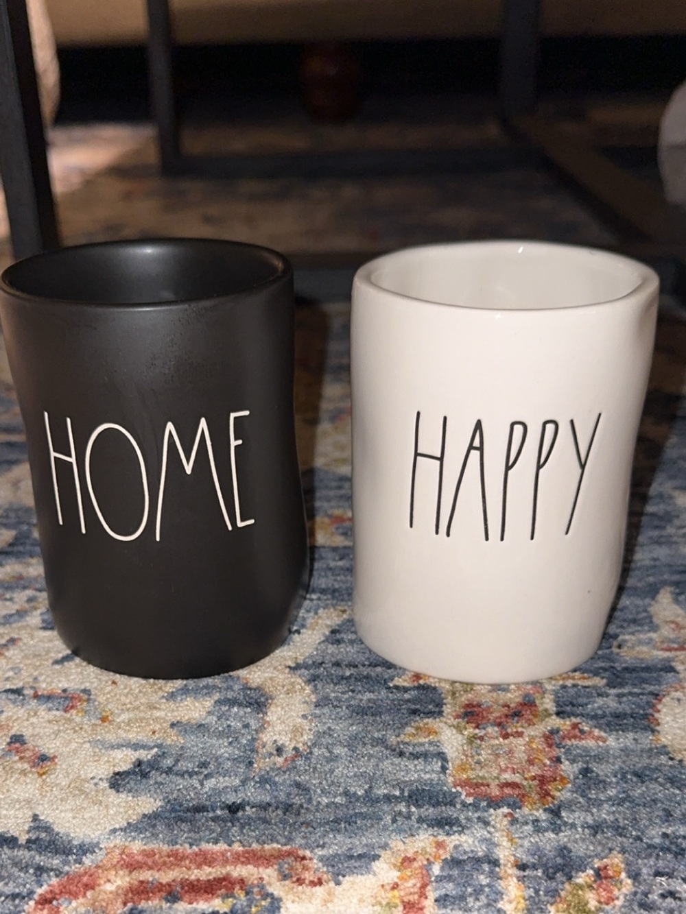 2 Rae Dunn Ceramic Bathroom Cups Black/White [HAPPY/HOME] Bundle/Set
